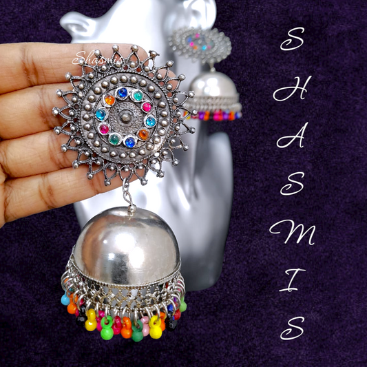 Multi Colour Silver Oxidised Drop Jhumka Earrings