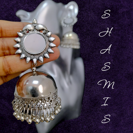 Silver Mirror Oxidised Jhumka Earrings