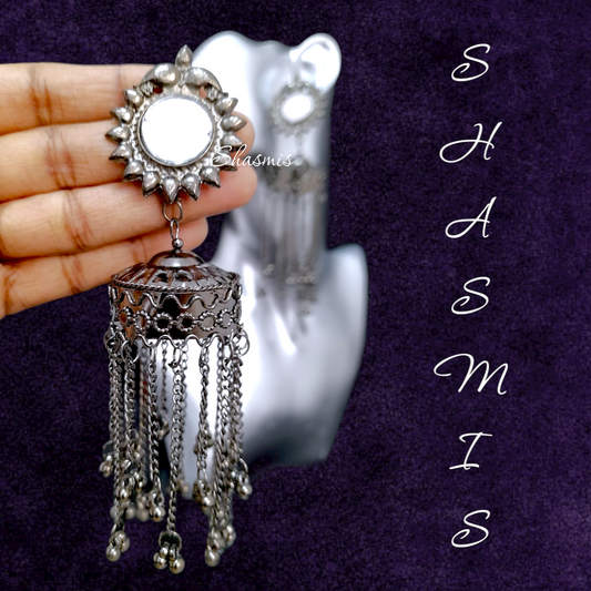 Mirror Long Chain Ghungroo Earrings