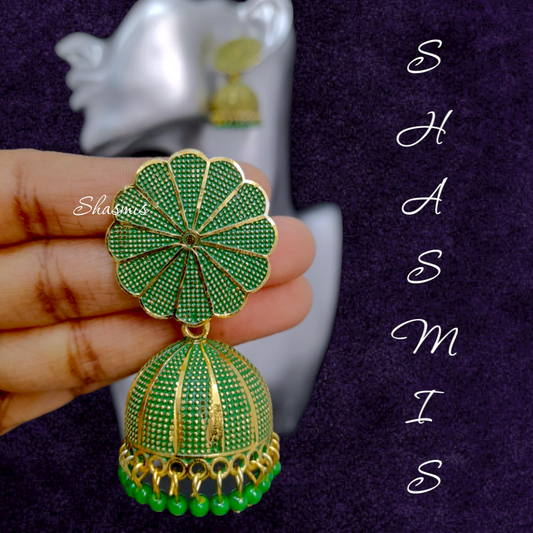 Gold Plated Earrings With Green Colour  Jhumka
