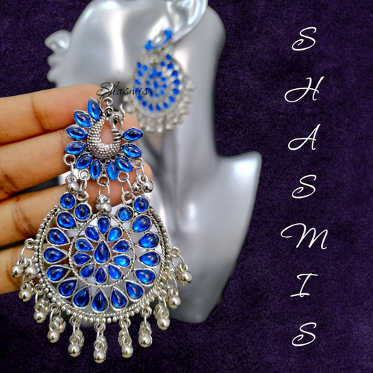Blue Peacock Silver Long Drop Earrings