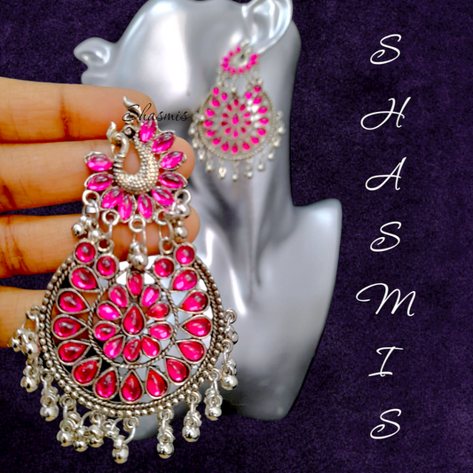 Pink Peacock Silver Long Drop Earrings