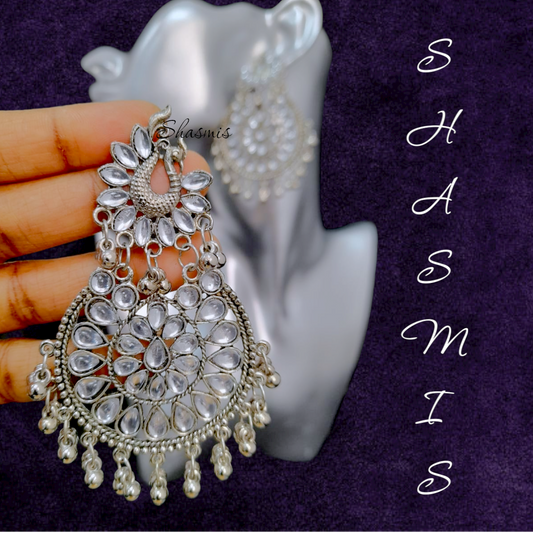 White Peacock Silver Long Drop Earrings