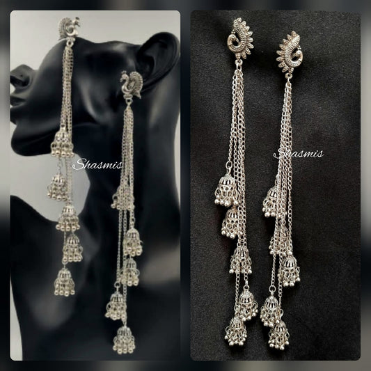 Silver Peacock Long Chain Earrings 