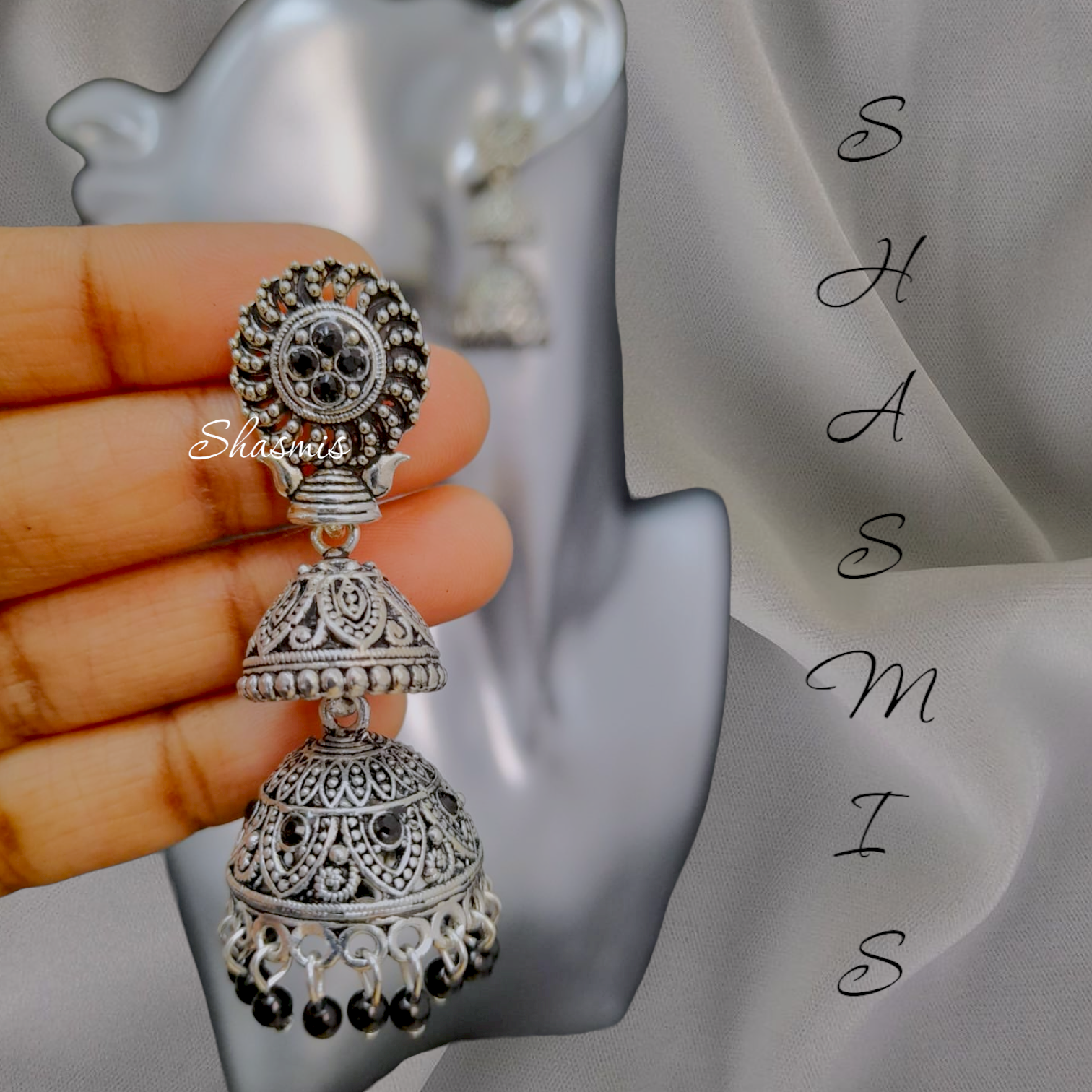 Silver Design Oxidised Jhumka Earrings Shasmis