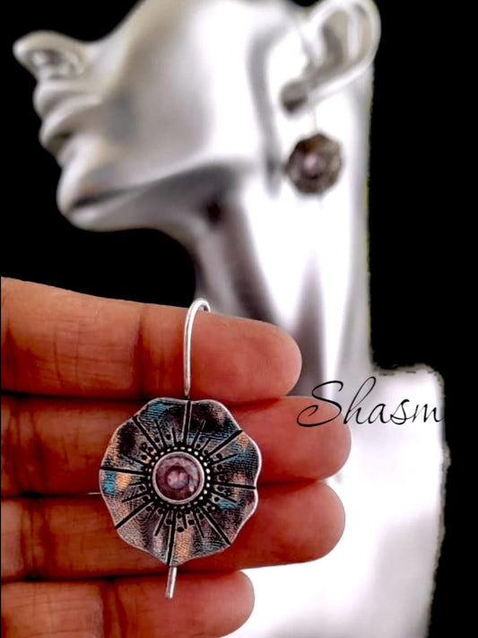 Silver Flower With Pink Stone Earrings