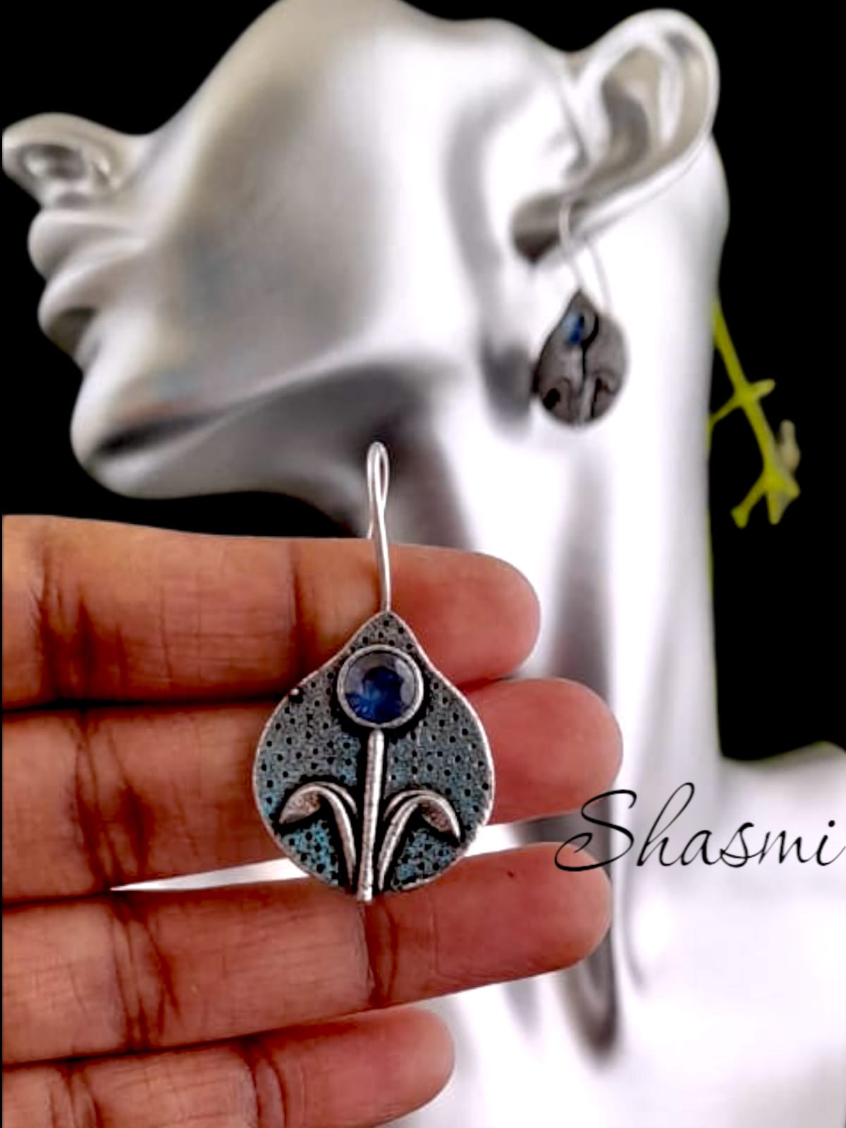 Blue Stone With Flower Design Silver Earrings