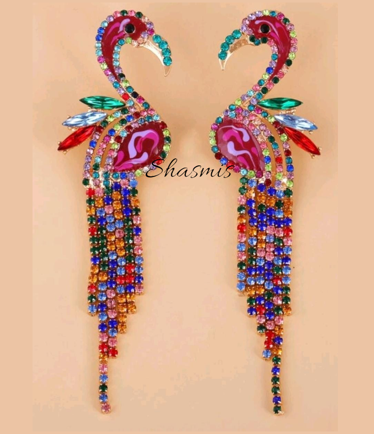 Pink Peacock With Colorful Diamond Earrings 