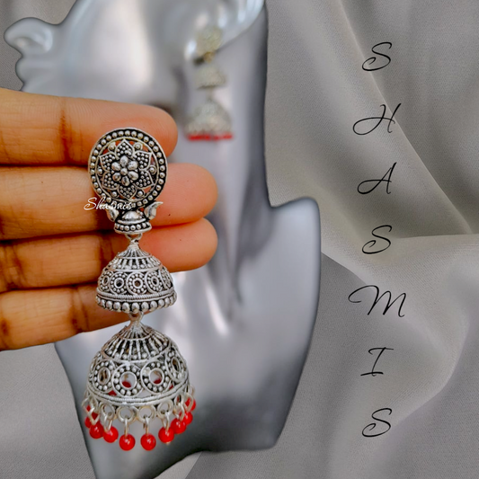 Red Silver Double Jhumka Earrings