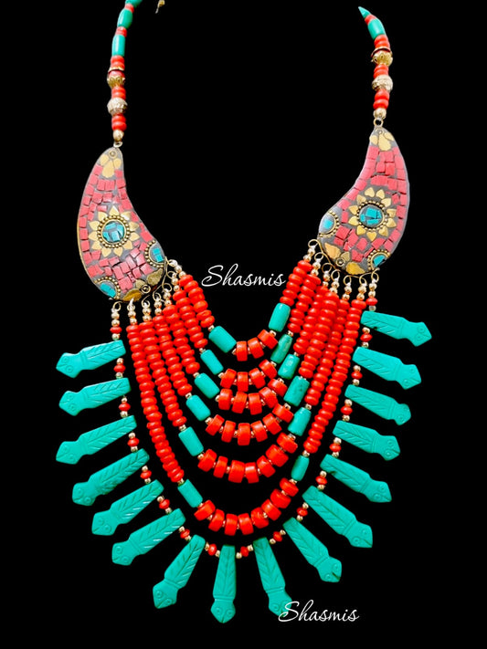 Coral Tibetan Multistrands Necklace