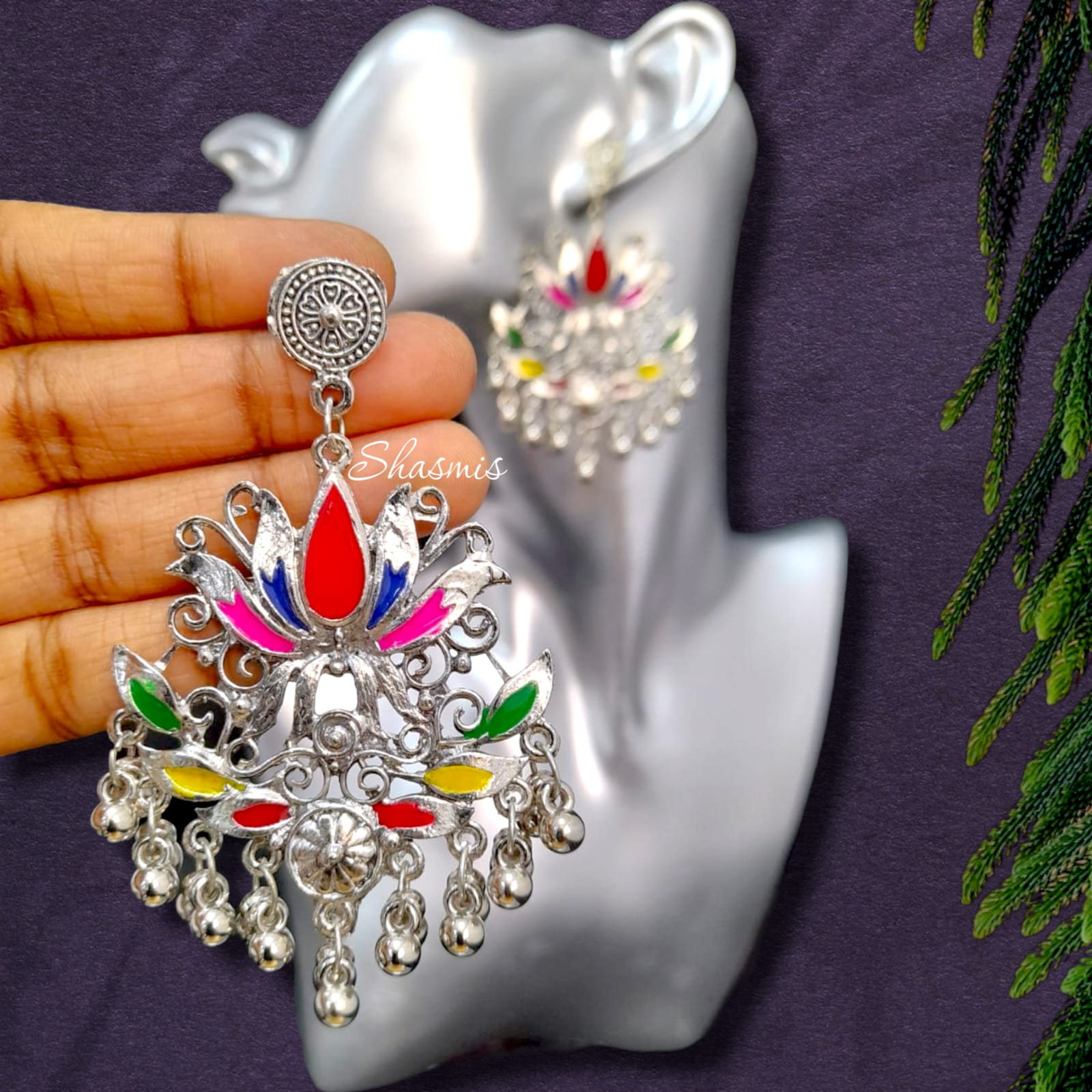 Lotus Ghungroo Silver Oxidised Earrings