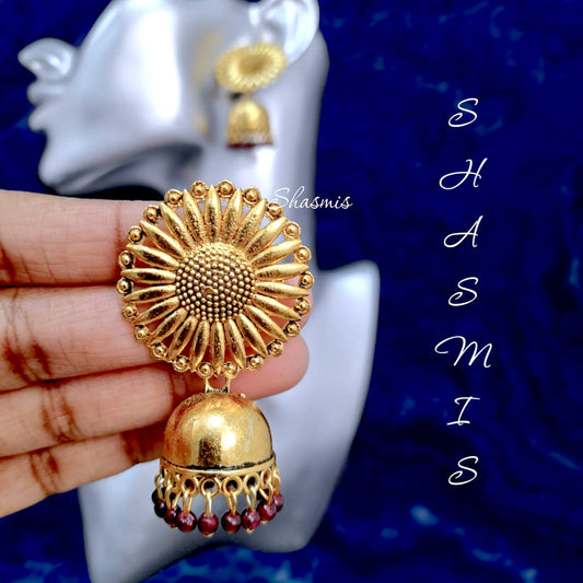 Wide Flower Golden Jhumka Earrings