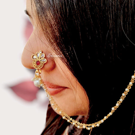 Ruby With Pearl On Drop Press/Non-Pierce Nose Pin