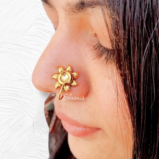 Flower With Golden Centre Stone Nose Pin