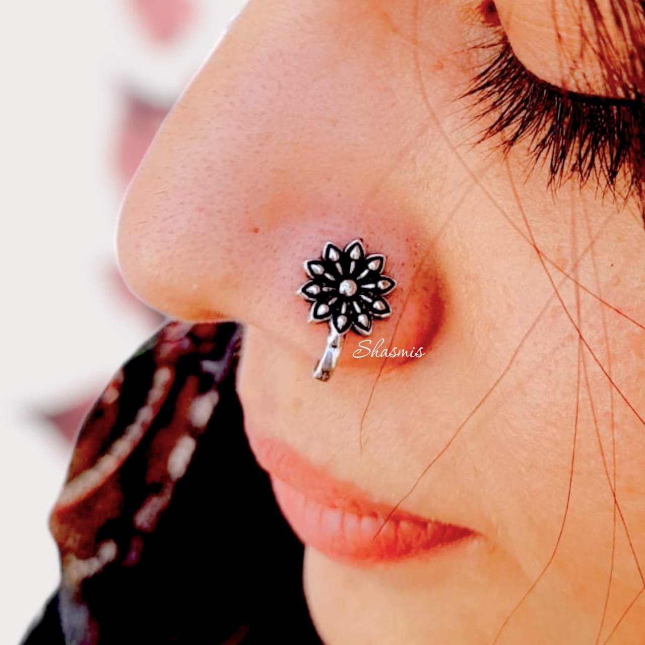 Silver Flower Oxidised Press/Non-Pierce Nose Pin