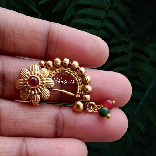 Flower Stone Gold Plated Pearl Drop Non-Pierced Nose Pin