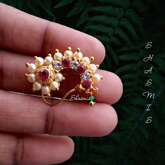 Ruby and Pearls Non-Pierced Nose Pin