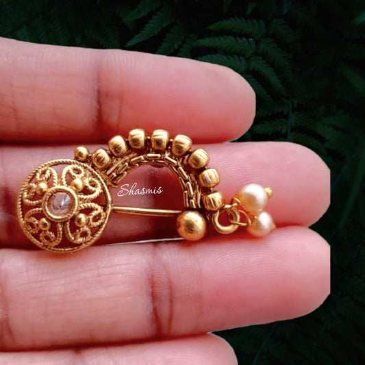 Gold Plated Design With Pearl Non-Pierced Nose Pin