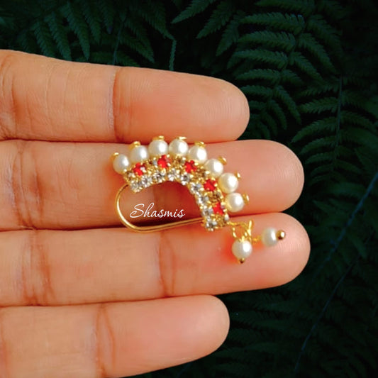 Red Stone With Pearls For Pierced Nose