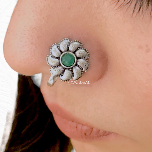 Green Flower Silver Non-Pierced Nose Pin