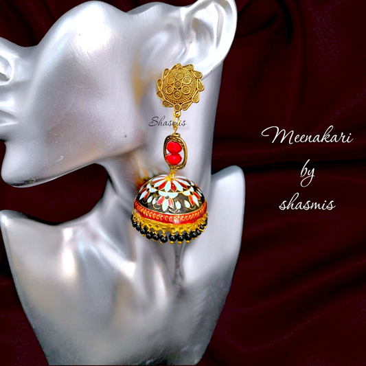Red Pearl Design Meenakari Jhumka Earrings