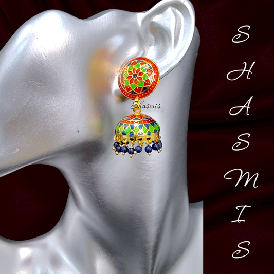 Green And Red Meenakari Jhumka Earrings