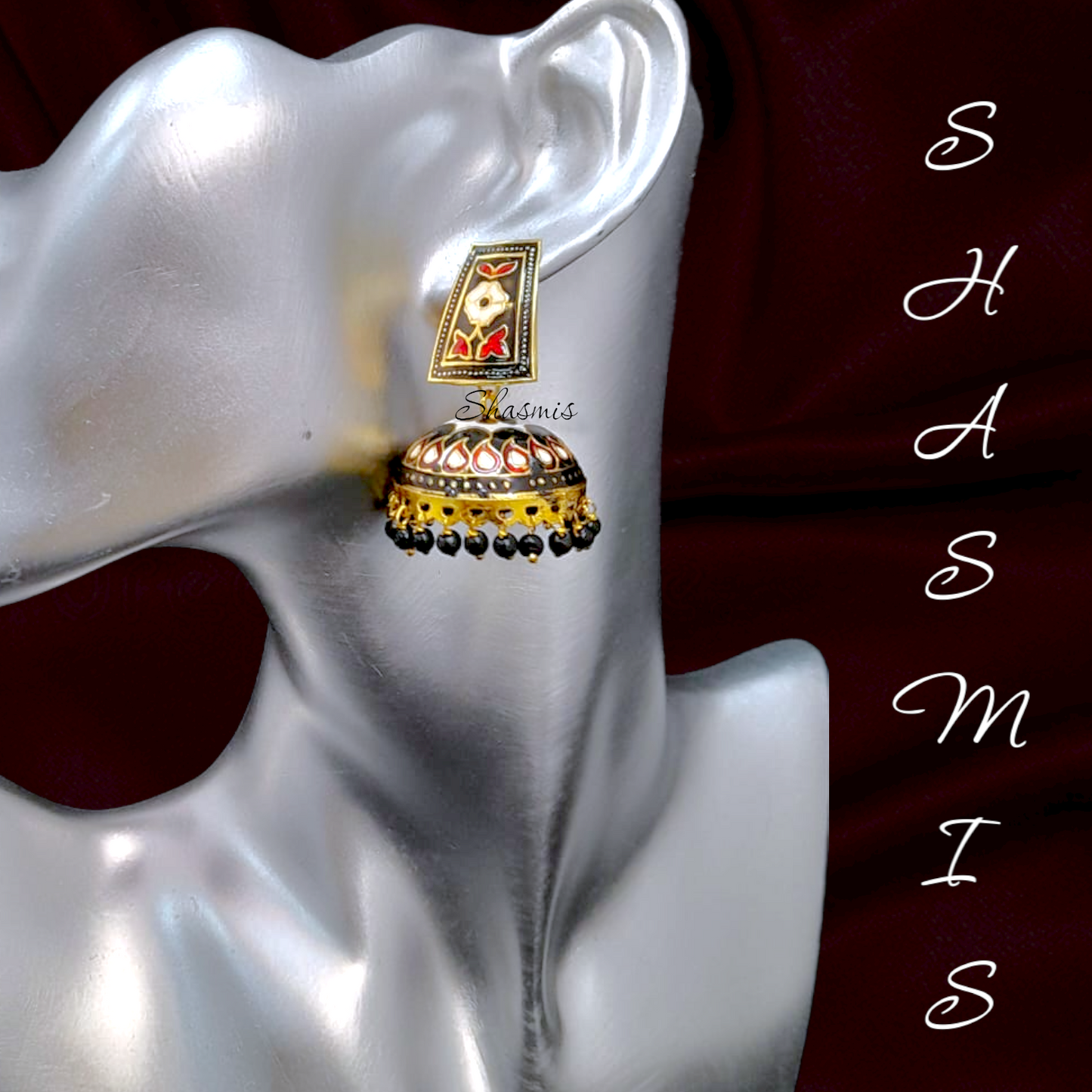 Wide Black and Red Meenakari Design Jhumka Earrings 