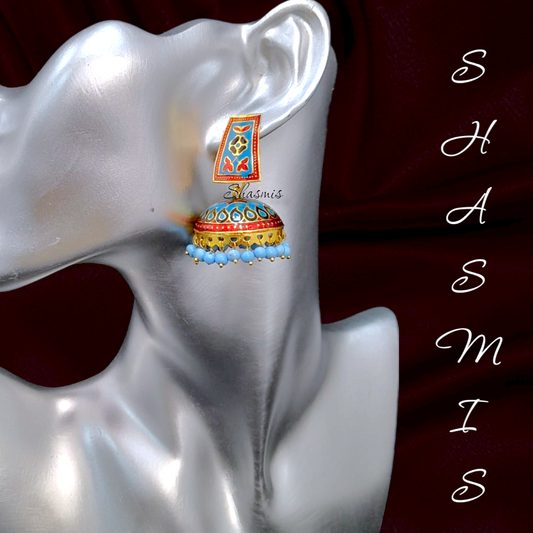 Wide Sky Blue and Red Meenakari Jhumka Earrings