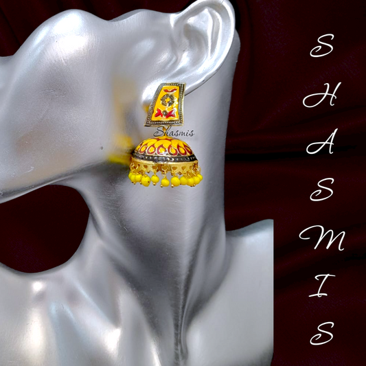 Wide Yellow and Red Meenakari Jhumka Earrings