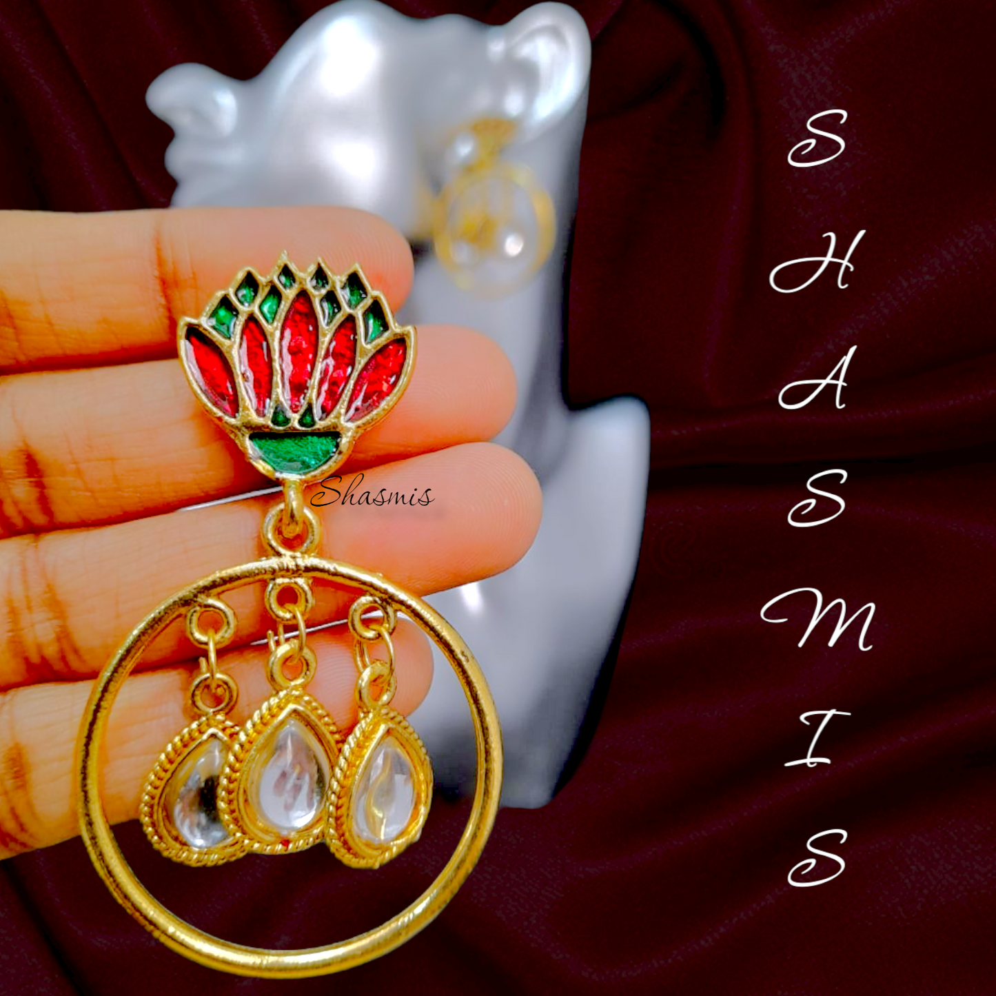 Red and Green Lotus Drop Earrings
