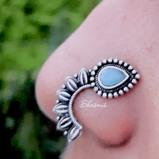 Pastel Blue Oxidised Non-Pierced Nose Pin