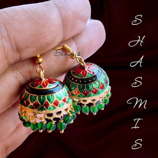 Red and Green Meenakari Jhumka Earrings