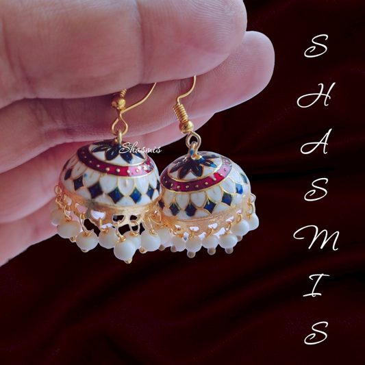 Blue and White Meenakari Jhumka Earrings