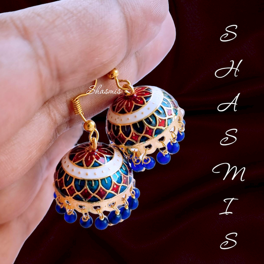 Blue and Red Meenakari Jhumka Earrings