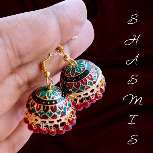 Green And Maroon Meenakari Jhumka Earrings