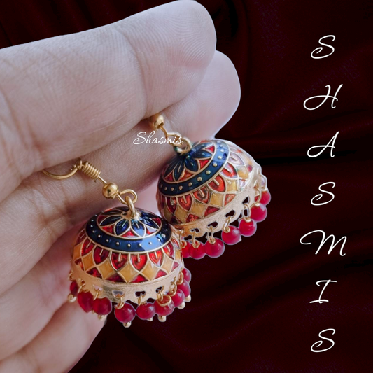 Yellow And Maroon Meenakari Design Jhumka Earrings