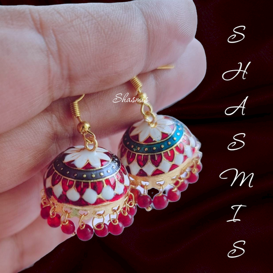 Red and White Meenakari Jhumka Earrings