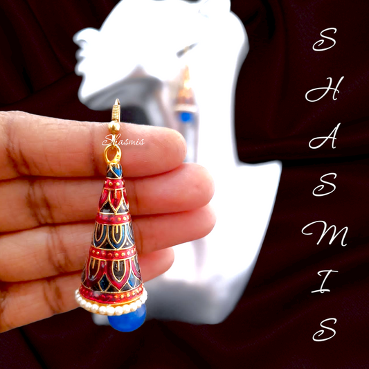 Blue Drop Pearl Meenakari Cone Jhumka Earrings