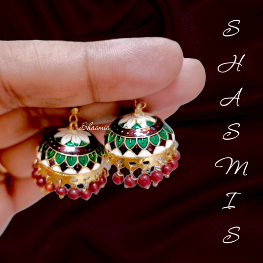 Maroon Green Meenakari Jhumka Earrings
