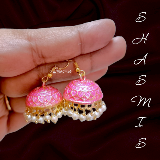 Baby Pink Meenakari Jhumka Earrings