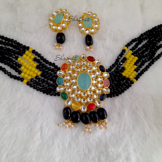 Multi Color Necklace with Black and Yellow Beads