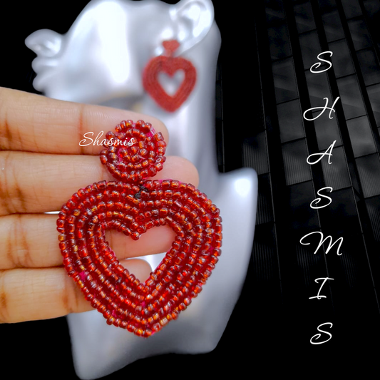 Heart Shape Red Color Embroidery Earrings