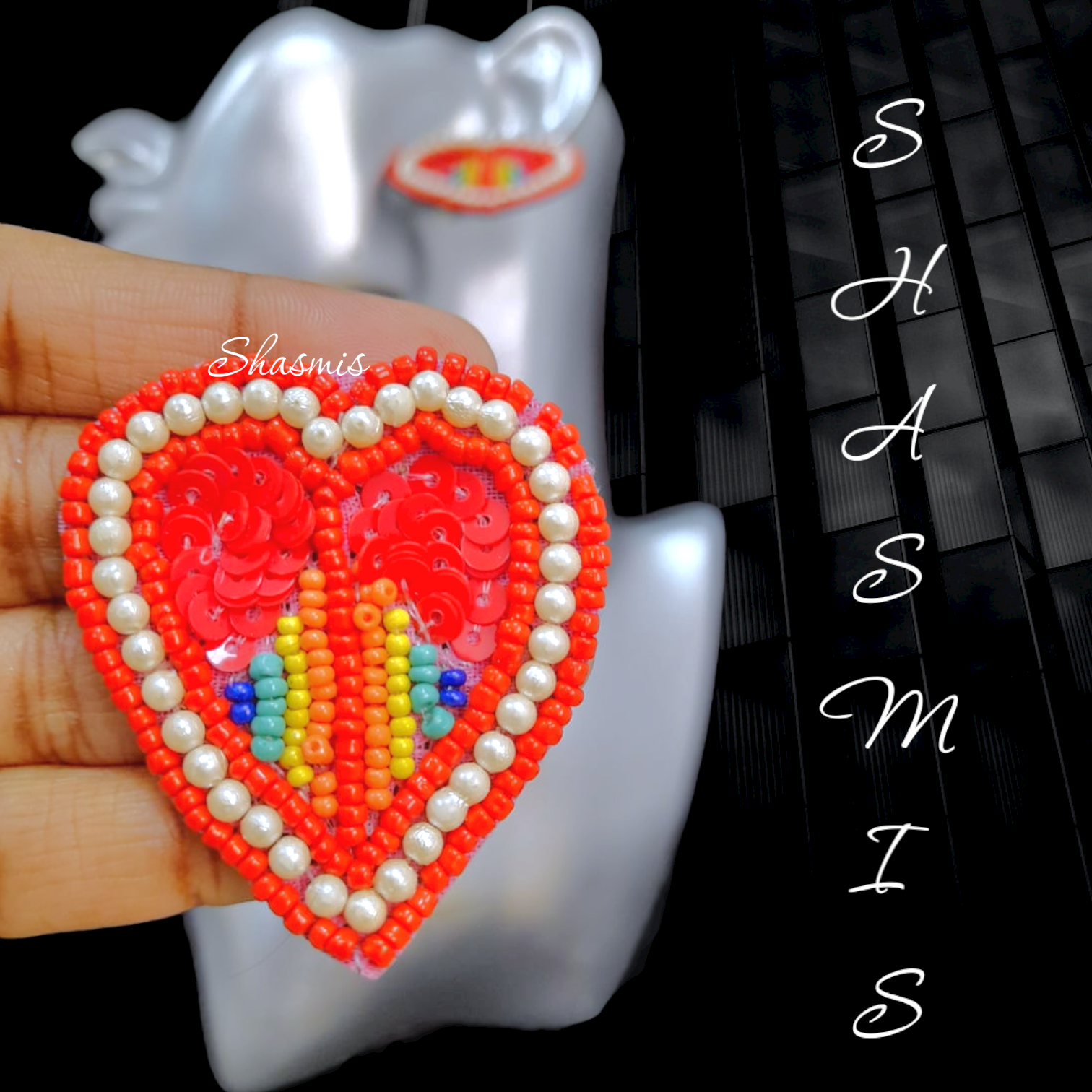 Red Heart With Rainbow Color Embroidery Earrings 
