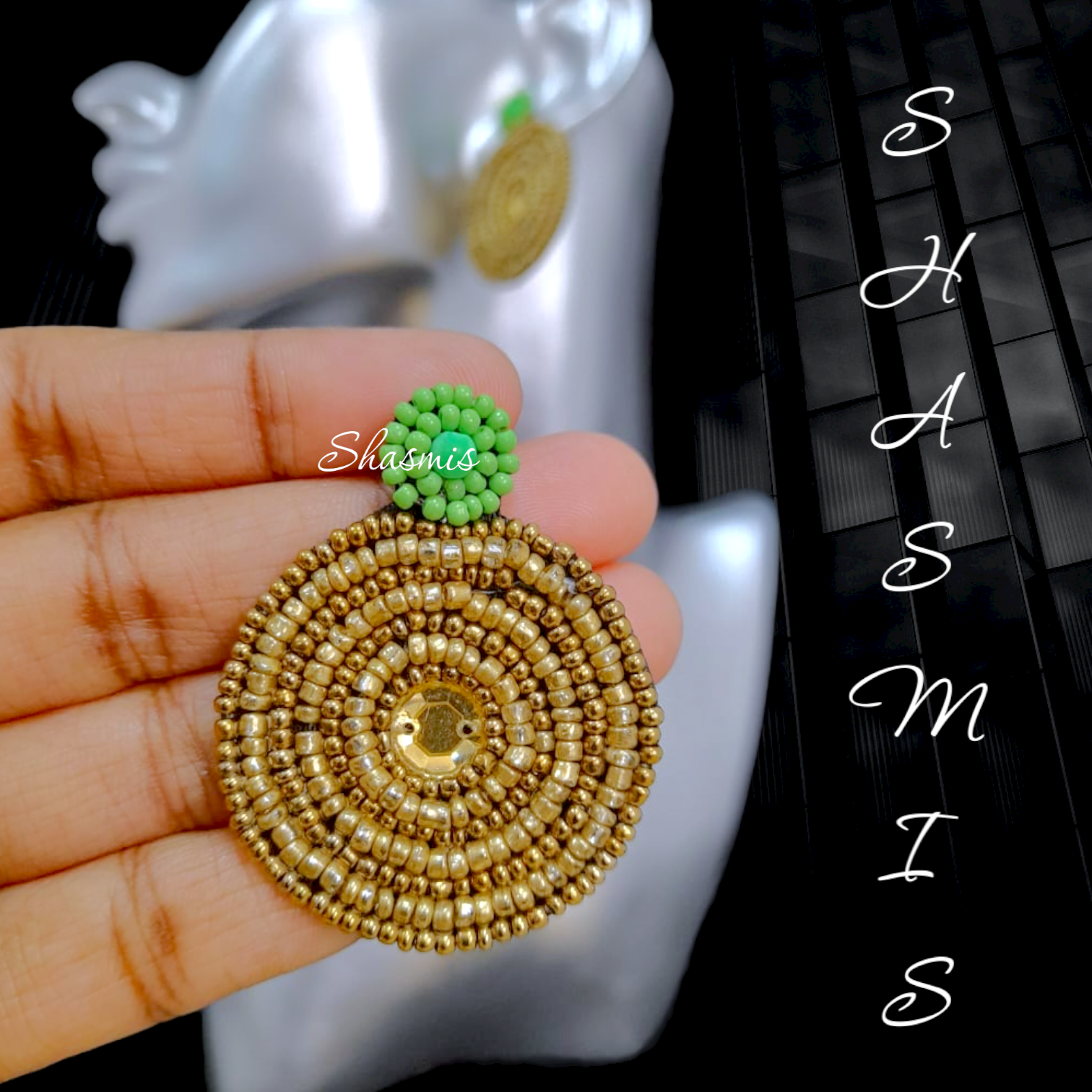 Green And Golden Color Embroidery Earrings
