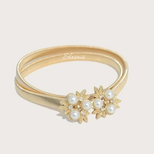 Gold Stretchable Pearl Flower Belt