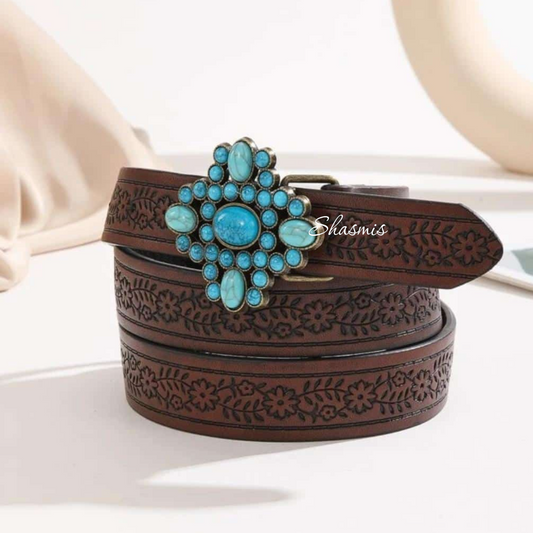 Blue Stone Brown Leather Belt