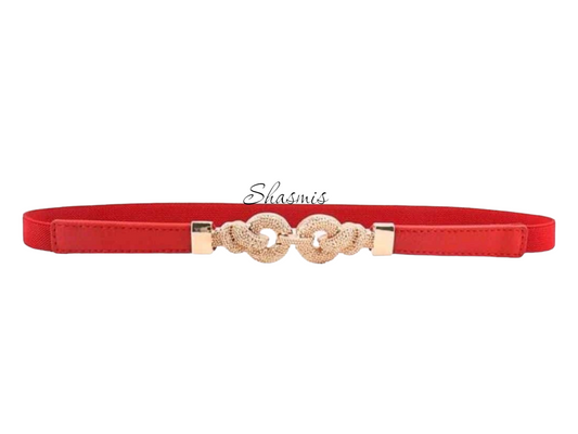 Red Color Waist Belt With Golden Buckle 