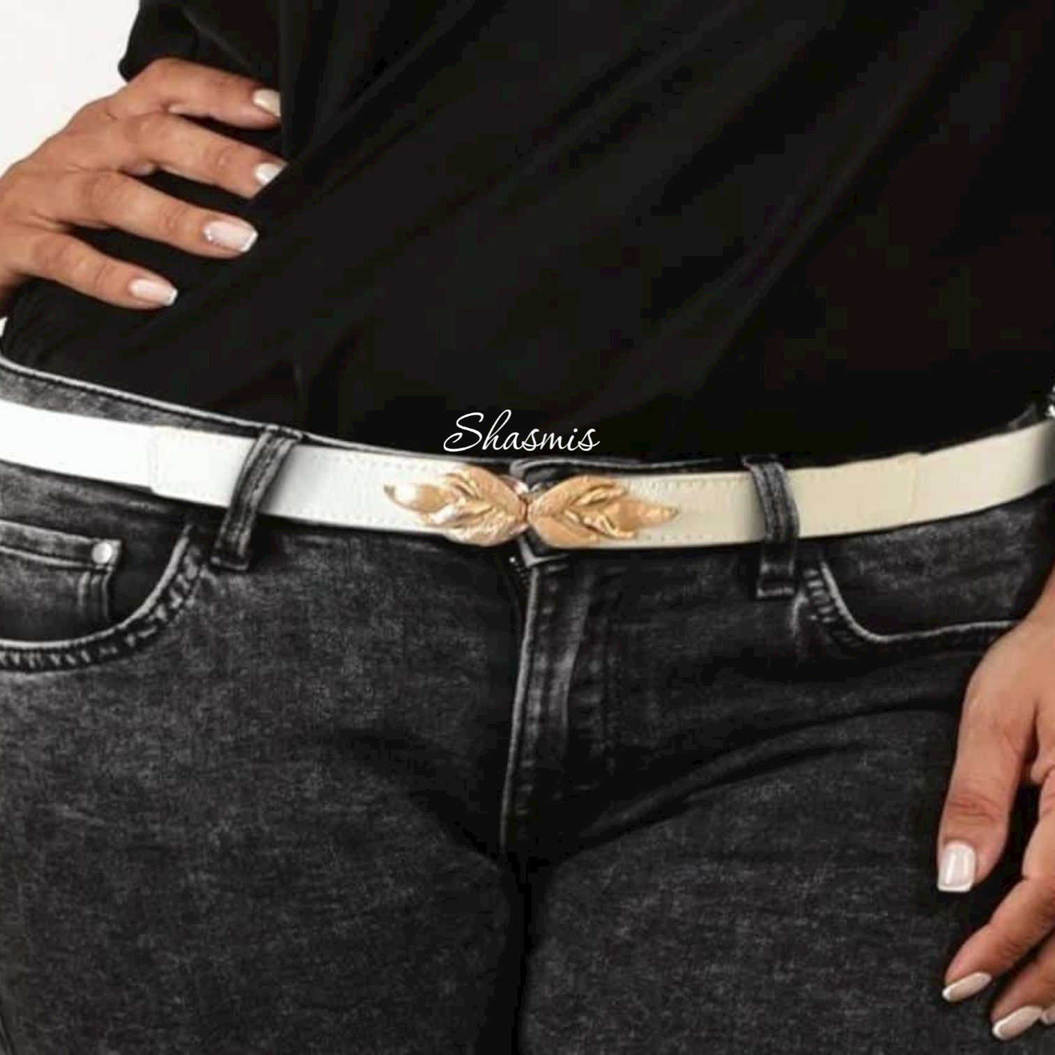White Leather Belt with Leaf Design Buckle