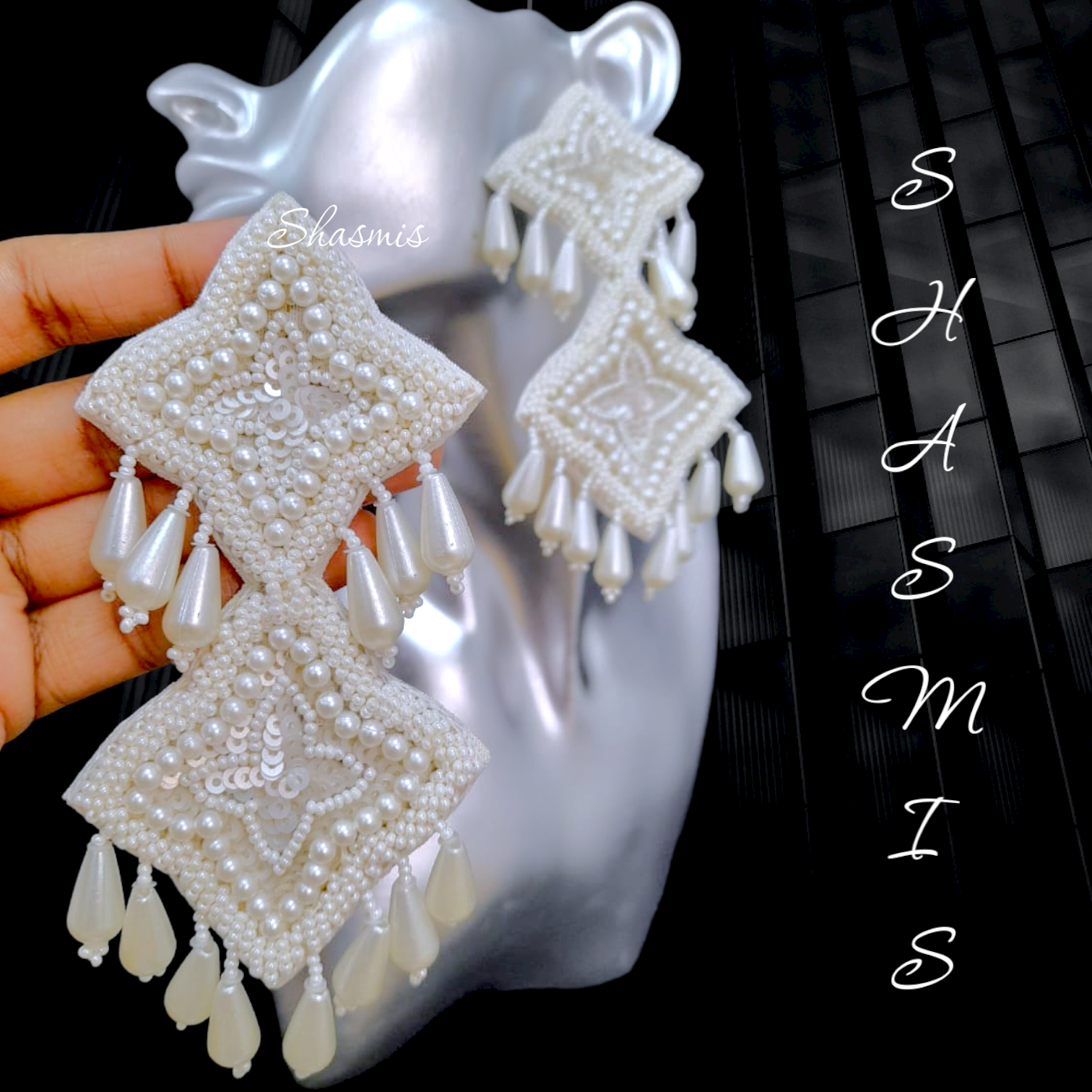 White Color Pearl Drop Embroidery Earrings 