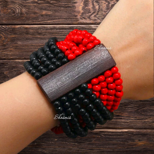 Black And Red Color Wooden Beads Bracelets